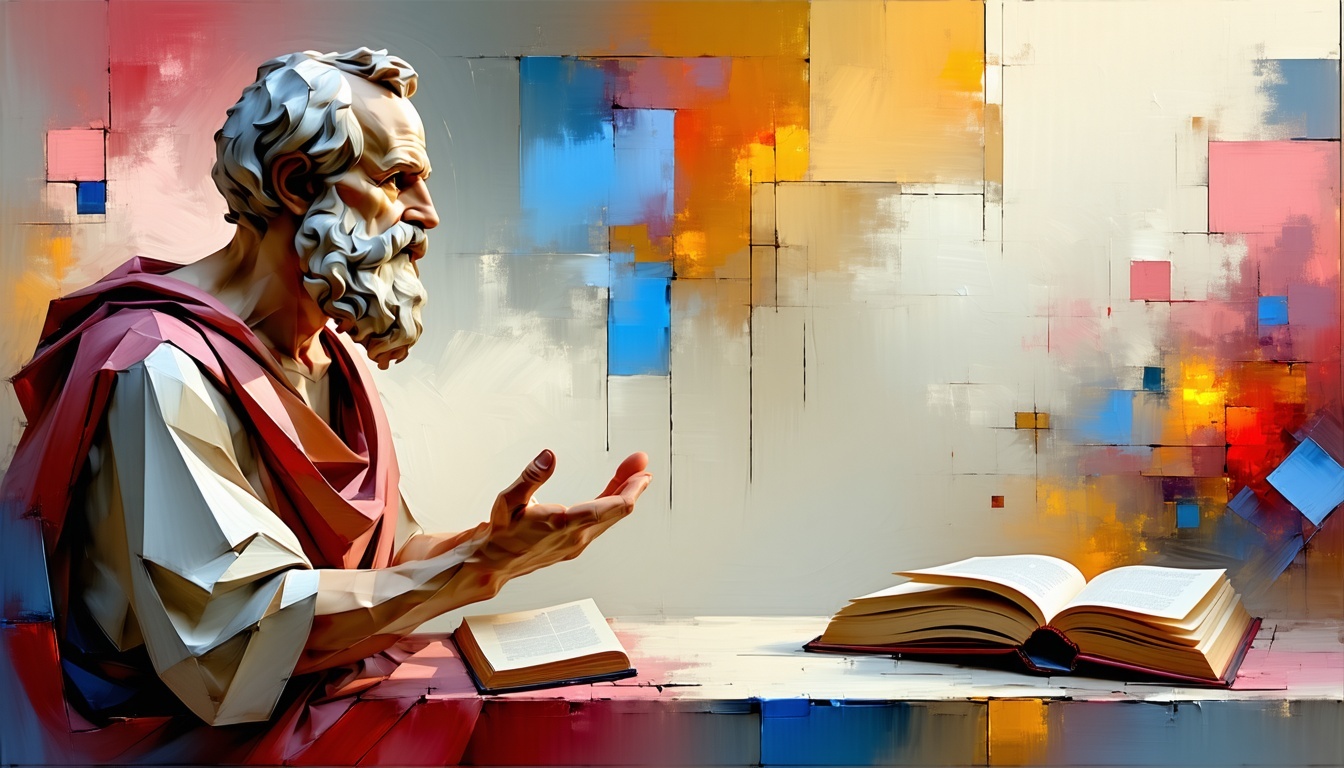 Graphical image showing Socrates teaching with his method of learning.
