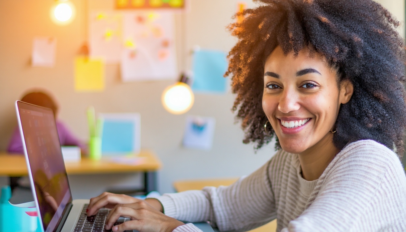 Image of smiling woman working at her laptop while learning using AI.